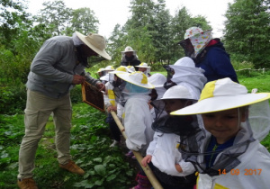Dzieci oraz nauczycielki w ubraniach pszczelarskich oraz gospodarz, który pokazuje dzieciom królową pszczół.